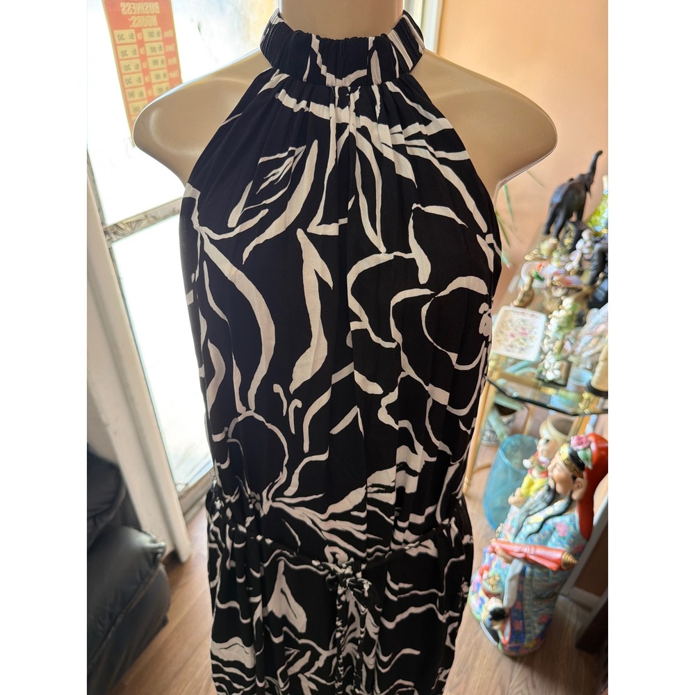 Black White Abstract Floral Halter Neck Wide Leg Jumpsuit with Waist Tie Belt